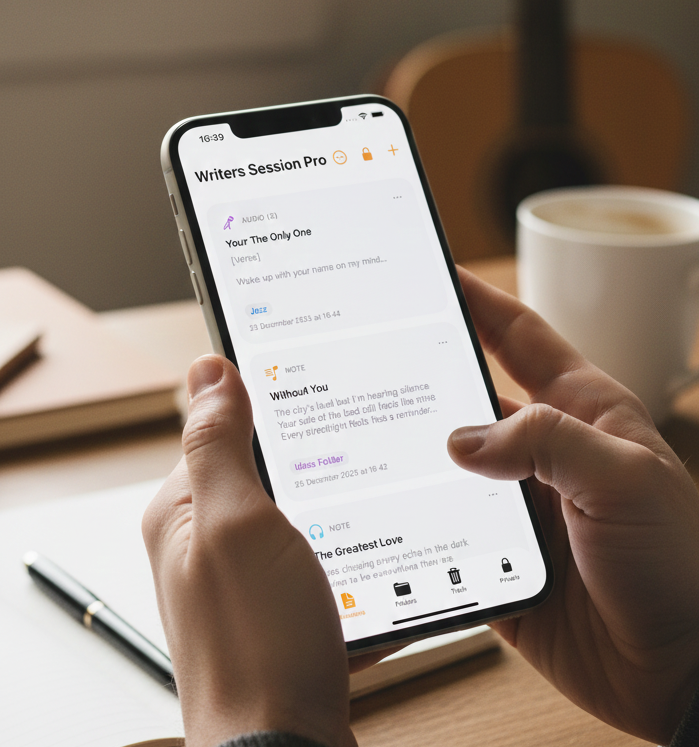 Writers Session Pro app interface showing lyric editor, audio recorder, and songwriting tools