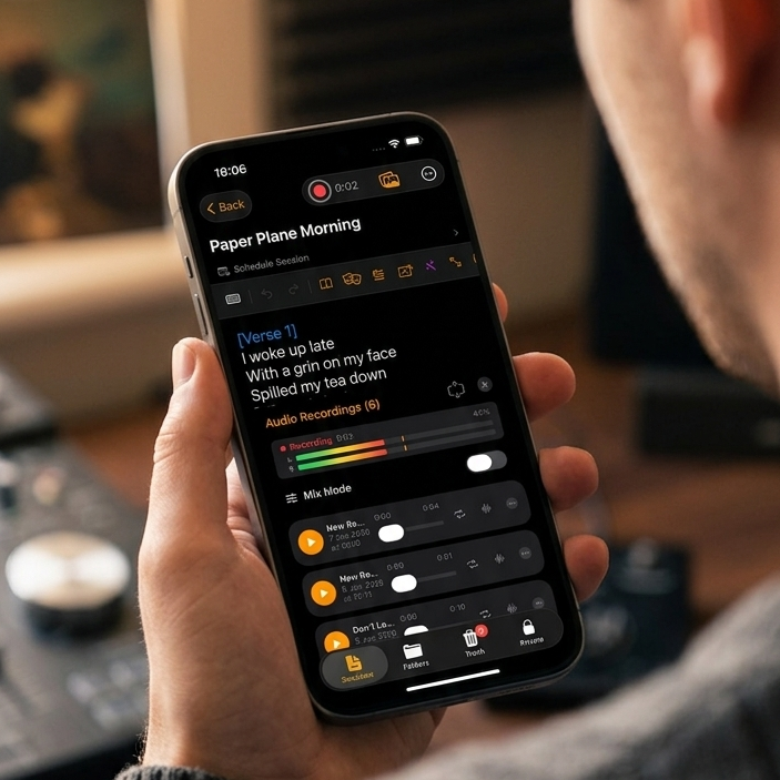 Writers Session Pro audio recorder and idea capture screen