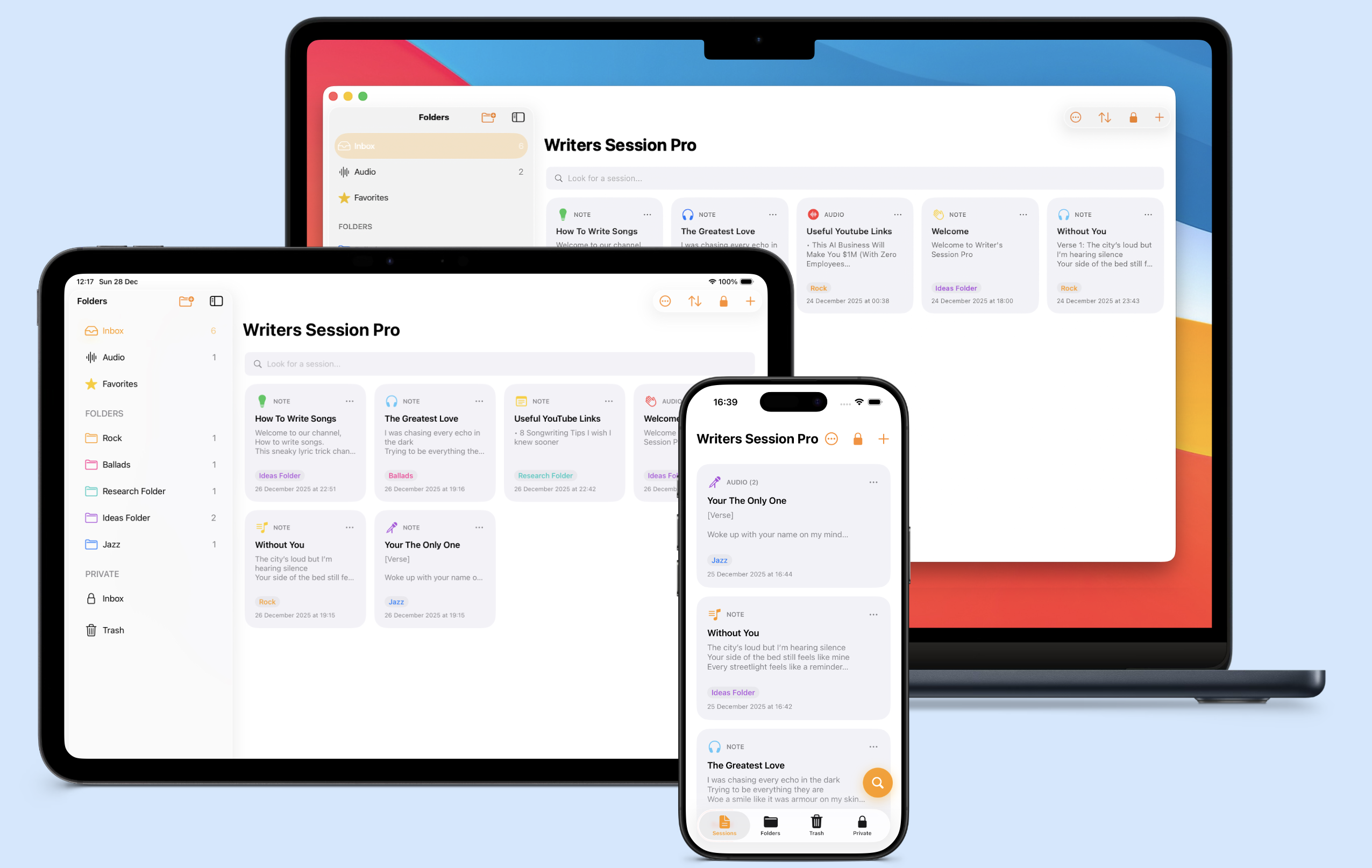 Organization Tools: Synced songwriting sessions with metadata, credits, royalty splits, publishing notes, and iCloud sync across devices
